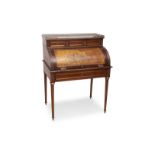 AN EARLY 20TH CENTURY FRENCH MAHOGANY AND VERNIS MARTIN CYLINDER BUREAU