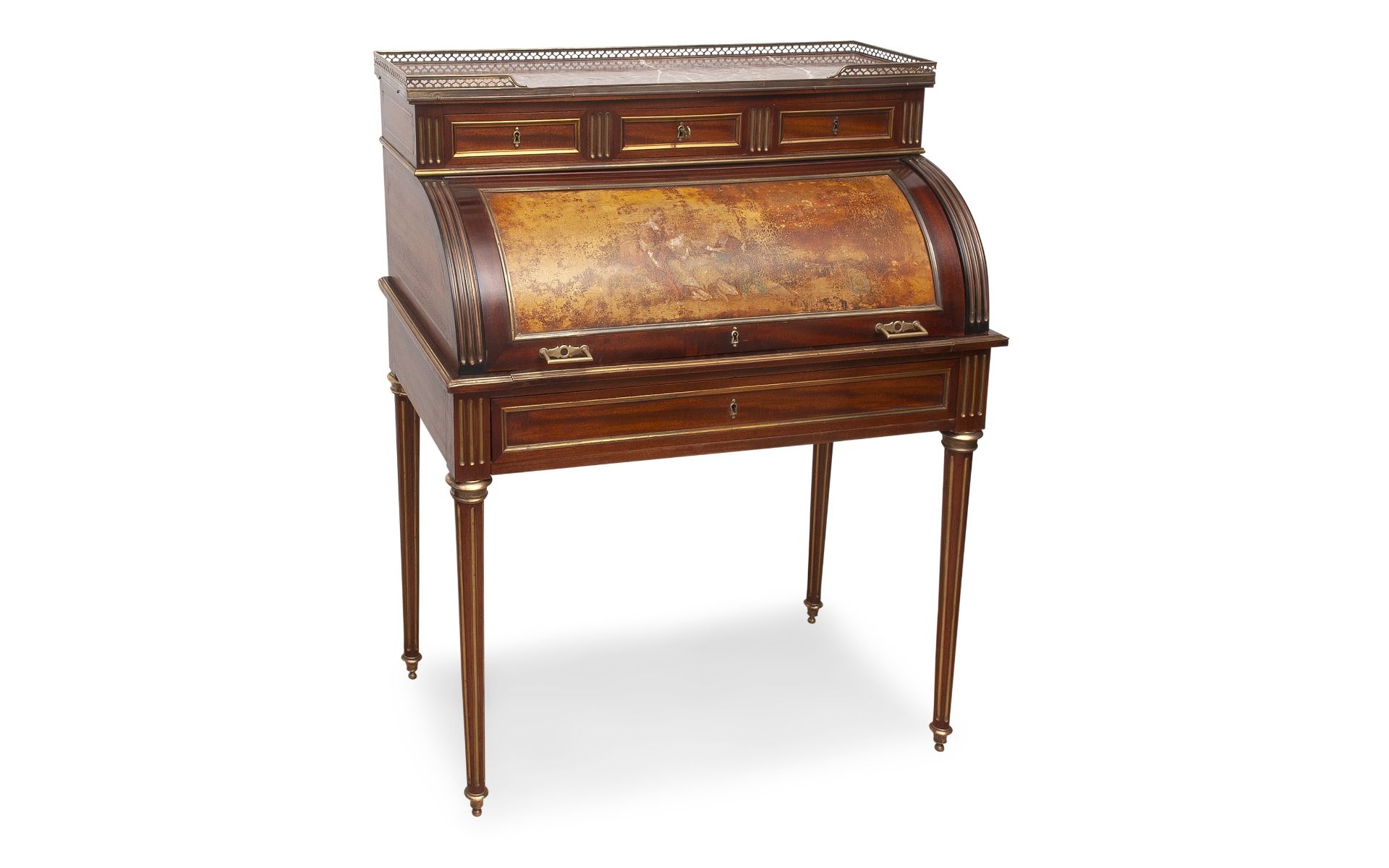 AN EARLY 20TH CENTURY FRENCH MAHOGANY AND VERNIS MARTIN CYLINDER BUREAU