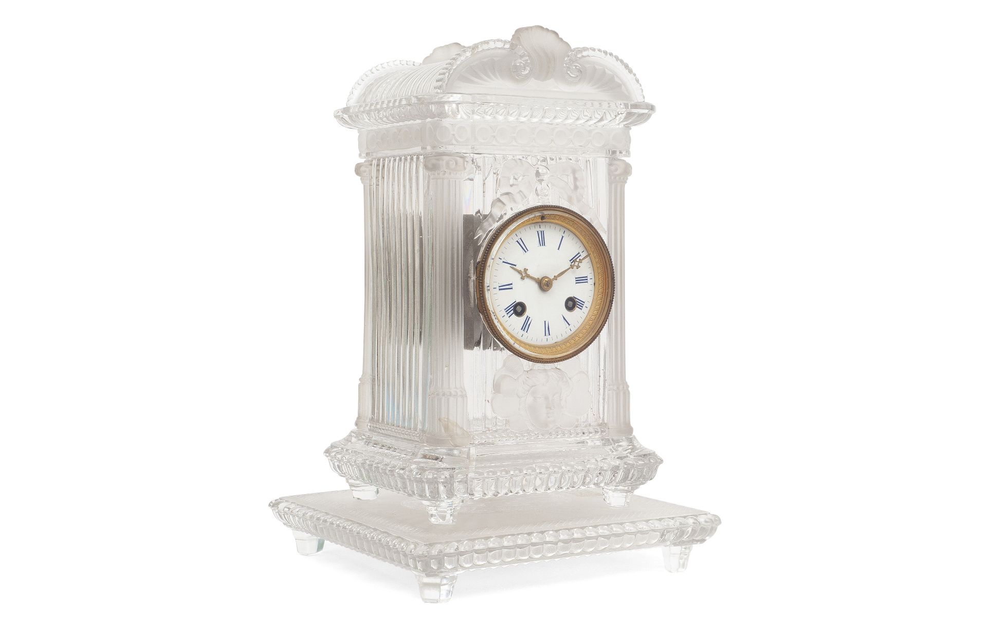 BACCARAT: A LATE 19TH CENTURY FROSTED AND CLEAR GLASS MANTEL CLOCK