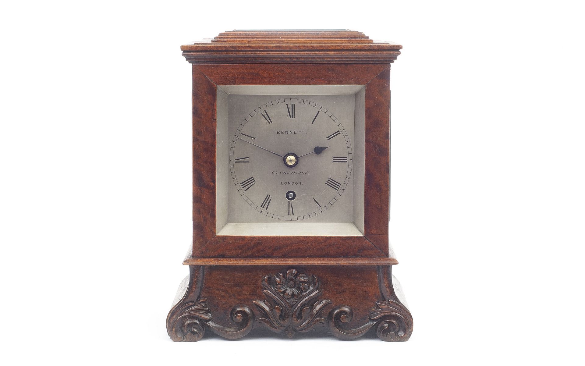 A MID 19TH CENTURY ENGLISH FOUR GLASS LIBRARY CLOCK SIGNED 'BENNETT, 65 CHEAPSIDE'