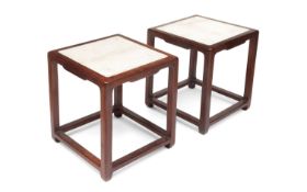 A PAIR OF LATE 19TH / EARLY 20TH CENTURY CHINESE HARDWOOD AND MARBLE TABLES