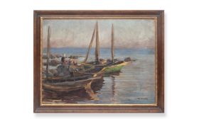 W SMITH, 20TH CENTURY SCHOOL PAINTING OF BOATS ON THE SHORE