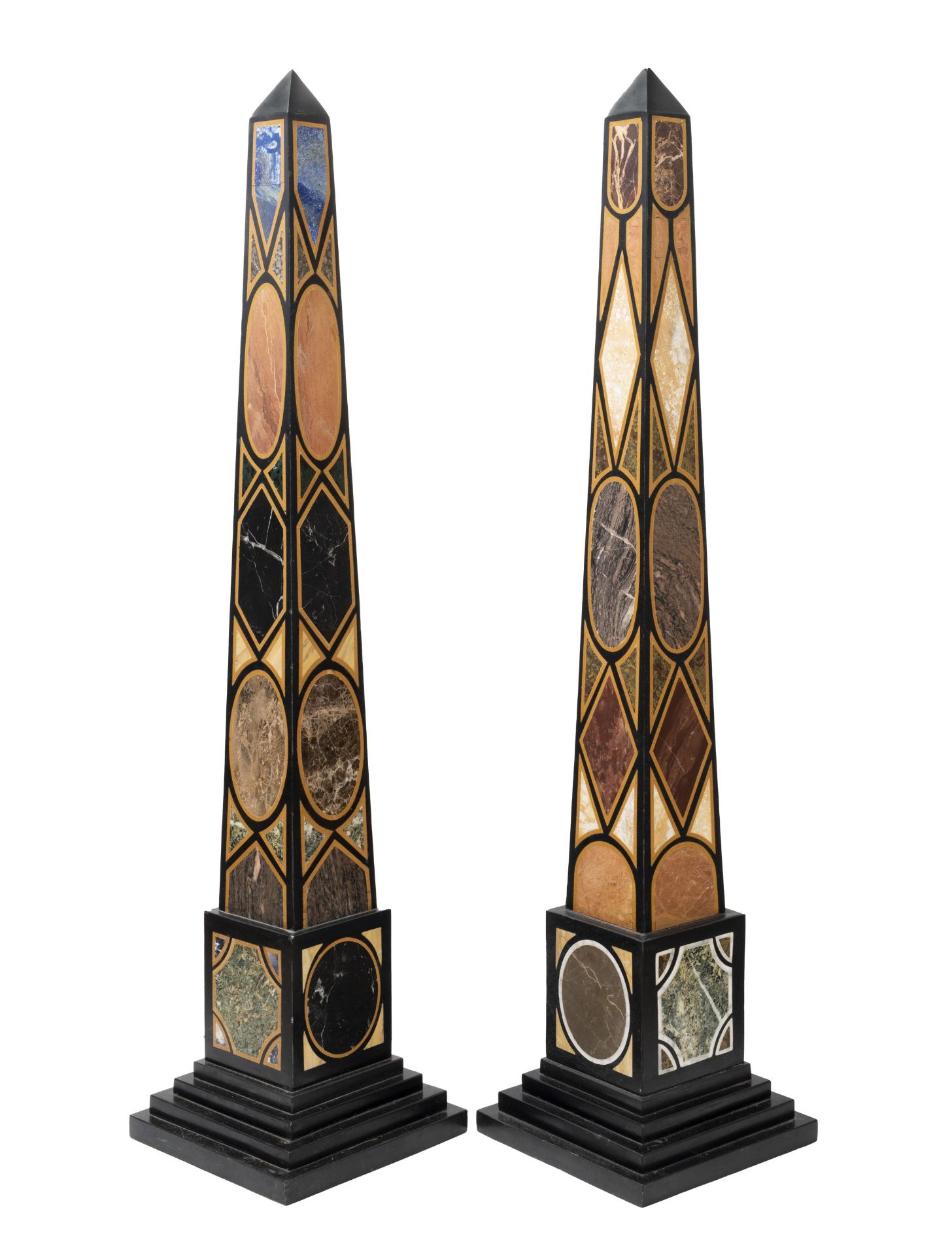A LARGE PAIR OF FLOOR STANDING ROMAN STYLE SPECIMEN MARBLE OBELISKS - Image 2 of 2
