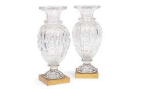 ATTRIBUTED TO BACCARAT: A PAIR OF LATE 19TH CENTURY FRENCH CUT GLASS AND ORMOLU VASES