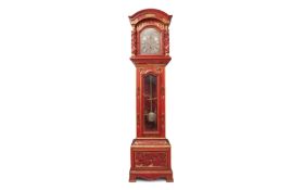 AN EXCEPTIONAL LATE 19TH CENTURY CHINESE CARVED AND RED LACQUERED LONGCASE CLOCK