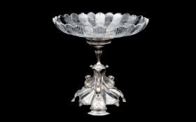 A LATE 19TH CENTURY ELKINGTON SILVER PLATED AND CUT GLASS CENTREPIECE