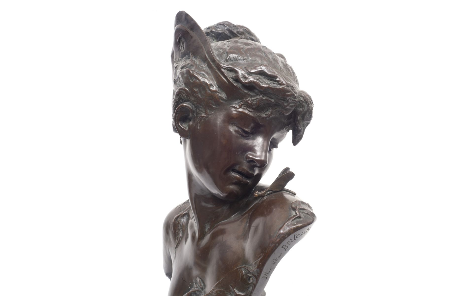 HELENE BERTAUX (FRENCH, 1825-1909): A BRONZE BUST OF A GIRL WITH DRAGON FLY - Image 5 of 6