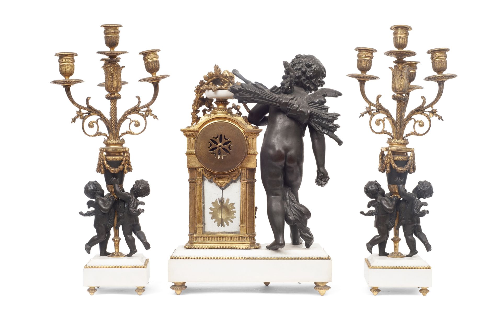 AN EARLY 20TH CENTURY FRENCH FIGURAL CLOCK GARNITURE - Image 2 of 5