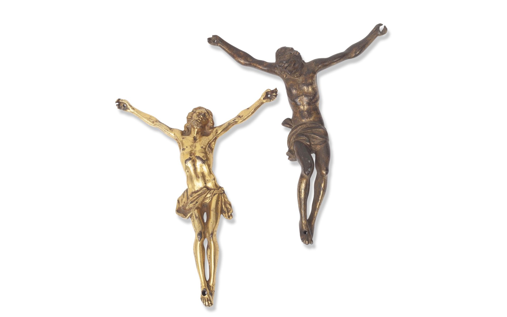A 16TH / 17TH CENTURY NORTH EUROPEAN GILT BRONZE CORPUS CHRISTI TOGETHER WITH ANOTHER