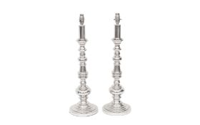 A PAIR OF NICKEL PLATED BALUSTER LAMP BASES