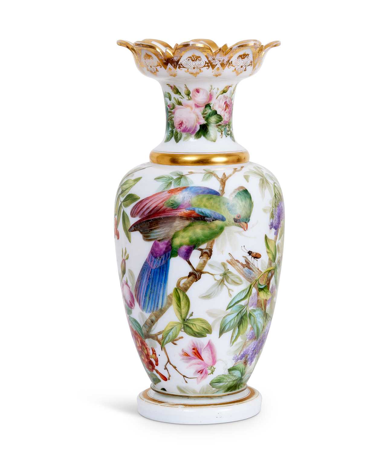 ATTRIBUTED TO BACCARAT: A RARE MID 19TH CENTURY OPALINE GLASS VASE DECORATED WITH EXOTIC BIRDS - Image 3 of 12