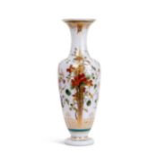 ATTRIBUTED TO BACCARAT: A MID 19TH CENTURY OPALINE GLASS VASE DECORATED WITH FLOWERS