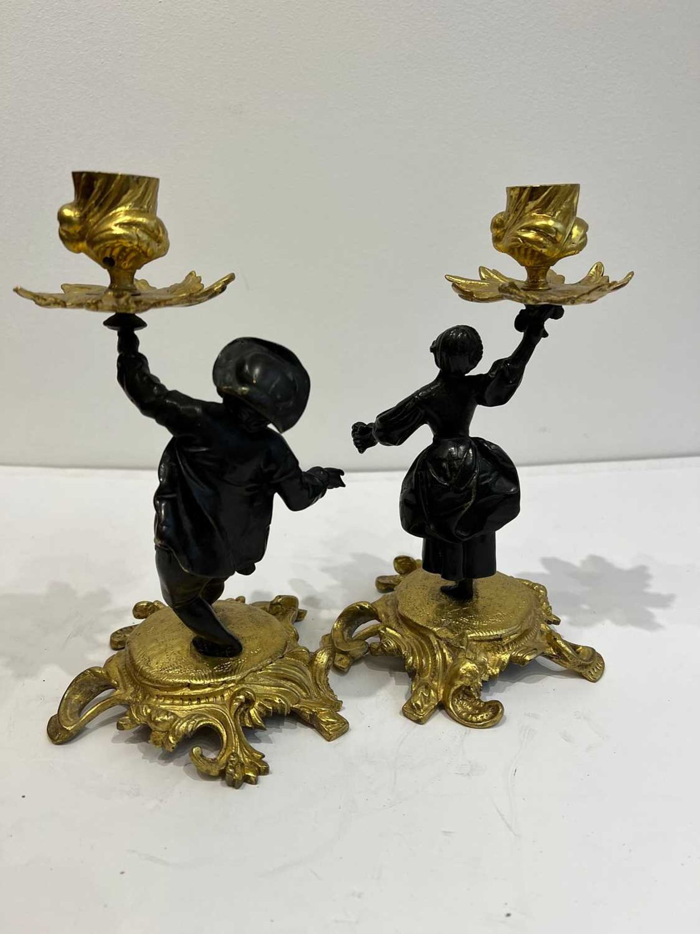 A PAIR OF ROCOCO REVIVAL GILT AND PATINATED BRONZE FIGURAL CANDLESTICKS CIRCA 1830 - Image 5 of 5