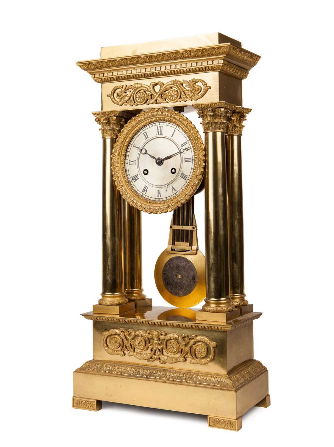 A FINE EARLY 19TH CENTURY FRENCH GILT BRONZE PORTICO CLOCK BY PONS, PARIS