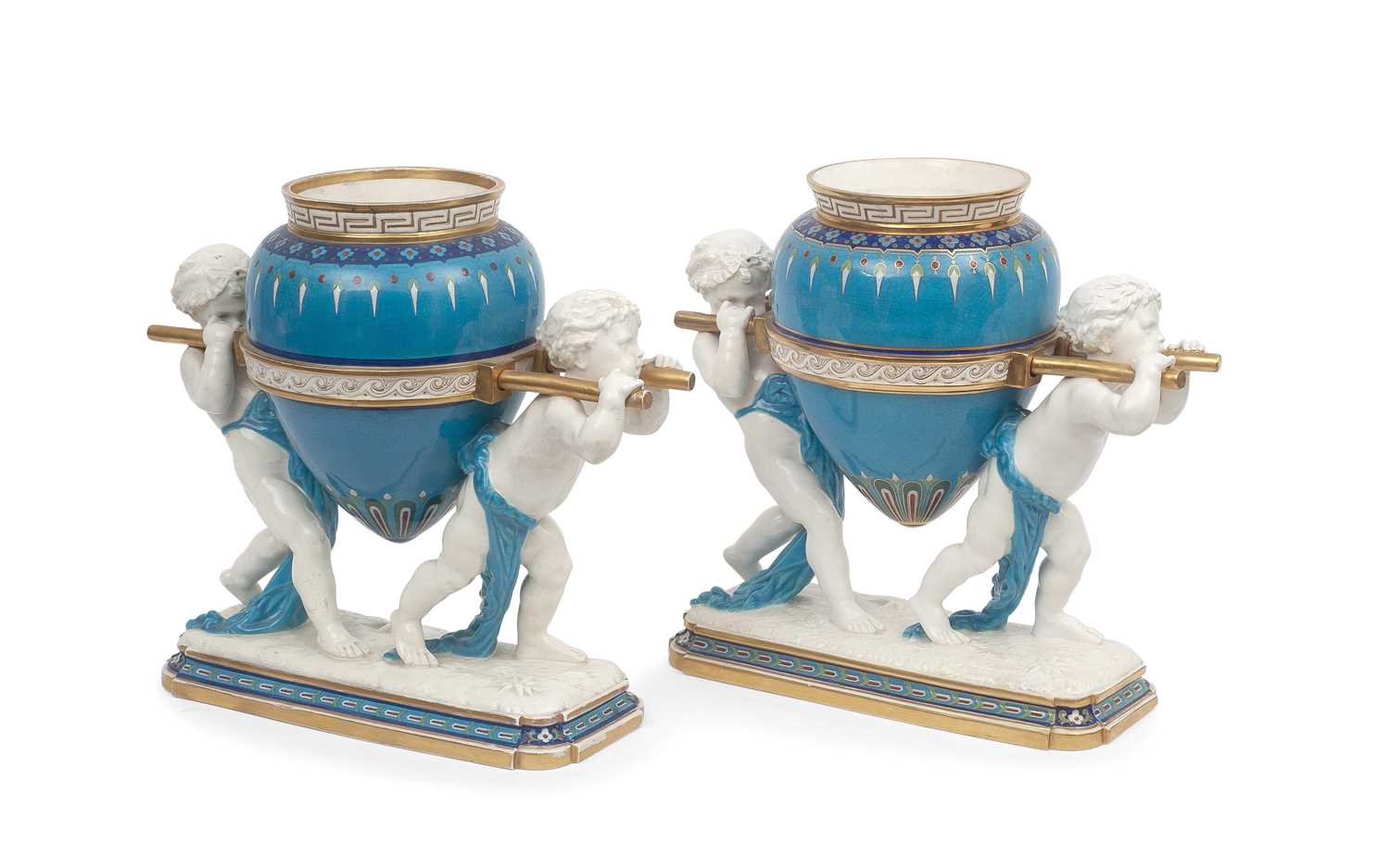 A NEAR PAIR OF 19TH CENTURY MINTON PORCELAIN PUTTI AND AMPHORA VASES