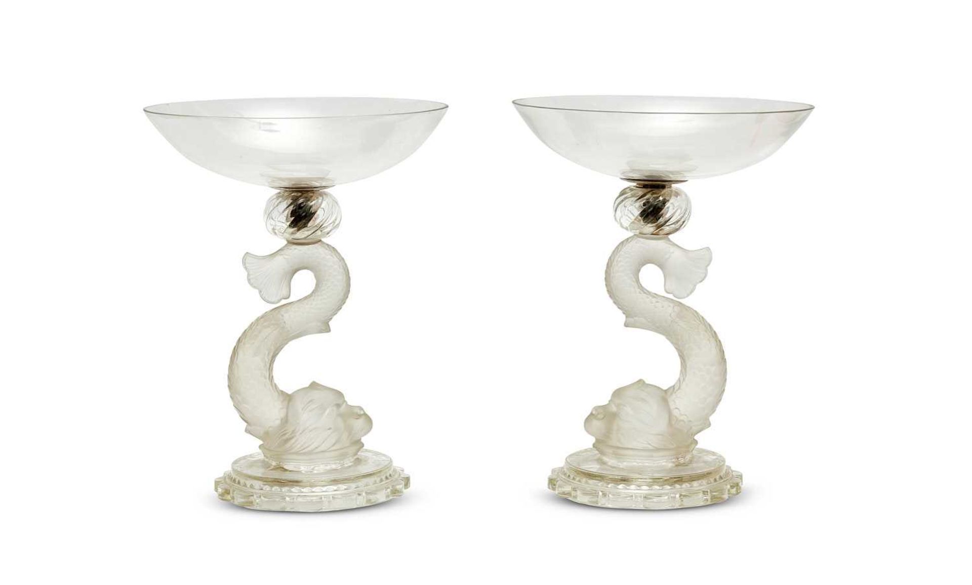 A PAIR OF BACCARAT STYLE GLASS DOLPHIN TAZZAS