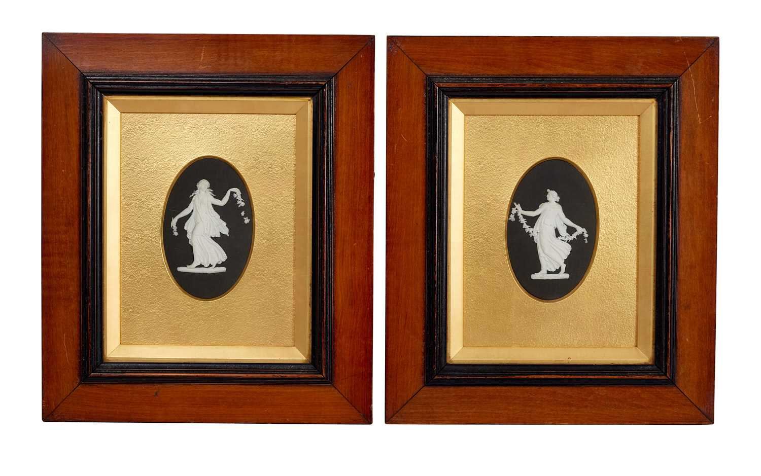 A PAIR OF 19TH CENTURY WEDGWOOD JASPER RELIEFS IN FRAMES
