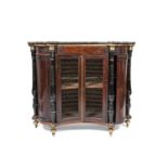 A 19TH CENTURY FRENCH NAPOLEON III PERIOD EBONISED, GILT MOUNTED AND MARBLE TOPPED SIDE CABINET