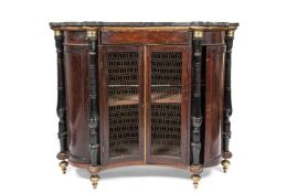 A 19TH CENTURY FRENCH NAPOLEON III PERIOD EBONISED, GILT MOUNTED AND MARBLE TOPPED SIDE CABINET