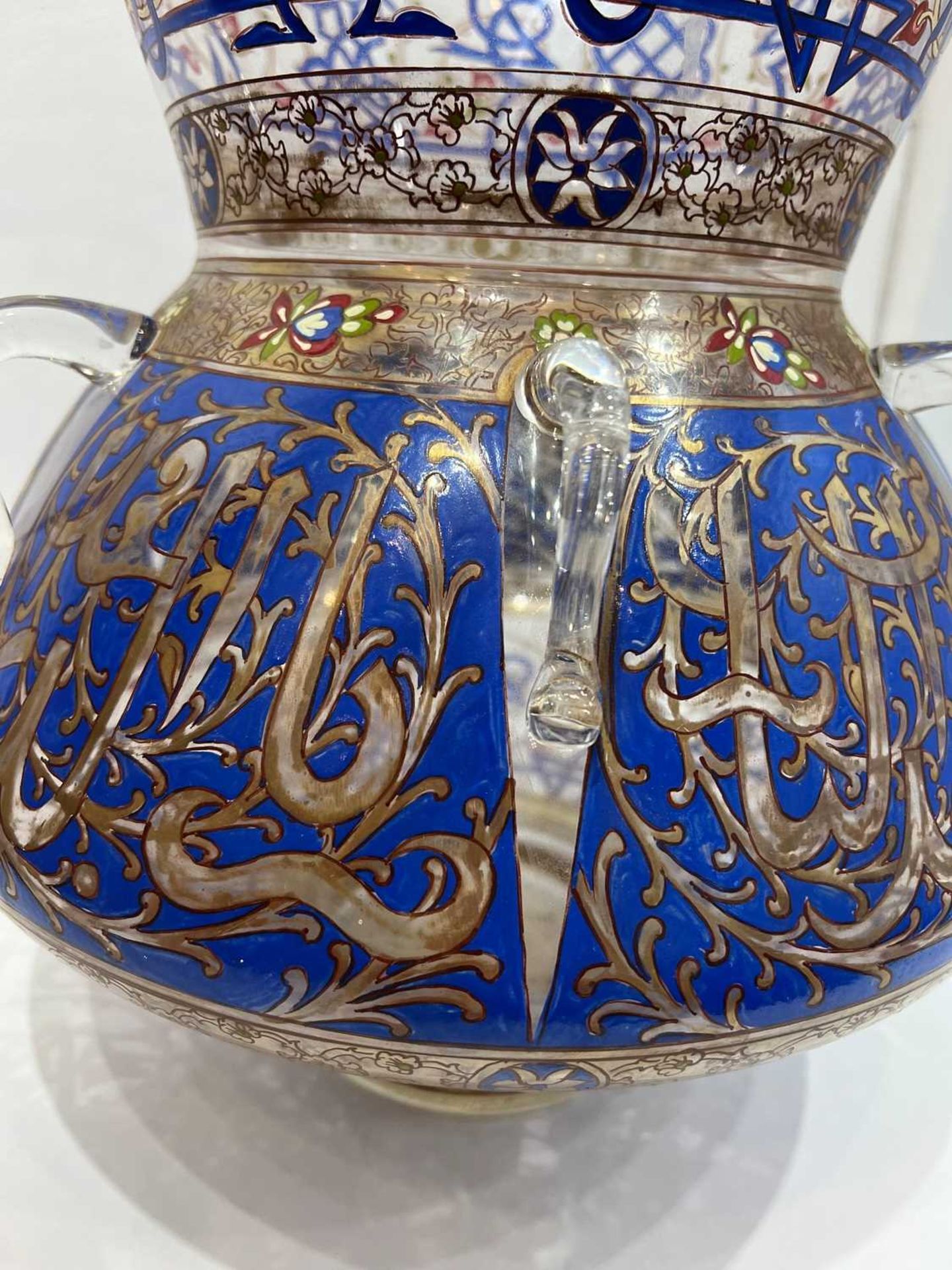 A LARGE MAMLUK REVIVAL ENAMELLED GLASS MOSQUE LAMP IN THE MANNER OF BROCARD - Image 6 of 9