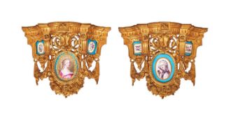 A FINE PAIR OF 19TH CENTURY SEVRES STYLE PORCELAIN AND ORMOLU WALL BRACKETS