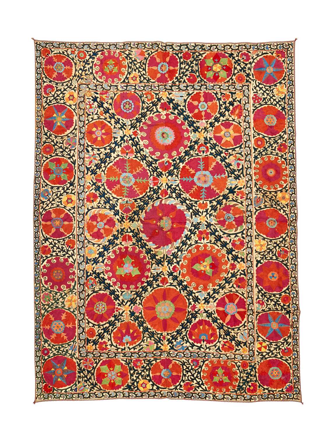 AN 18TH CENTURY EMBROIDERED SUZANI WALL HANGING TEXTILE