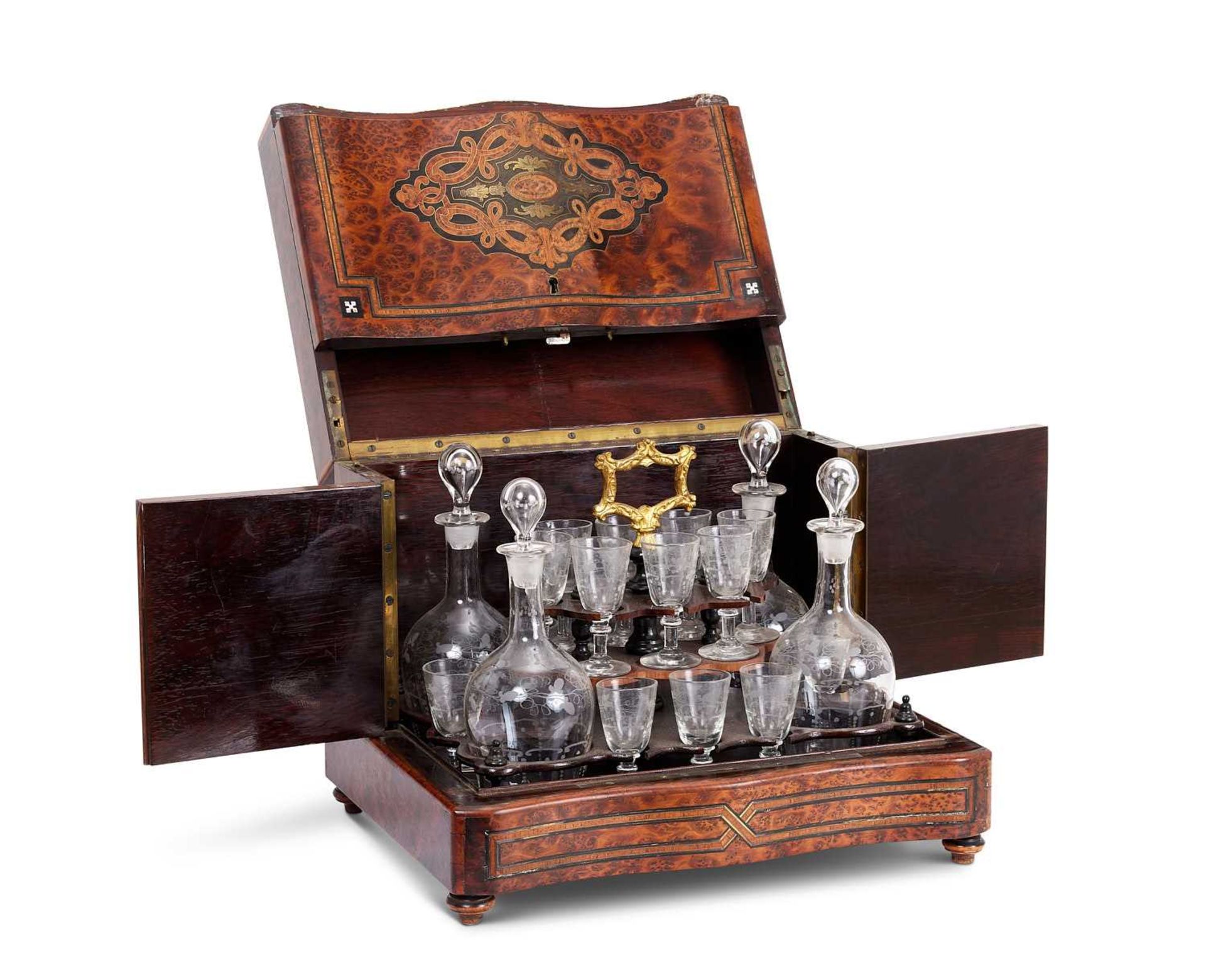 A 19TH CENTURY BURR WALNUT AND ETCHED GLASS TANTALUS SET