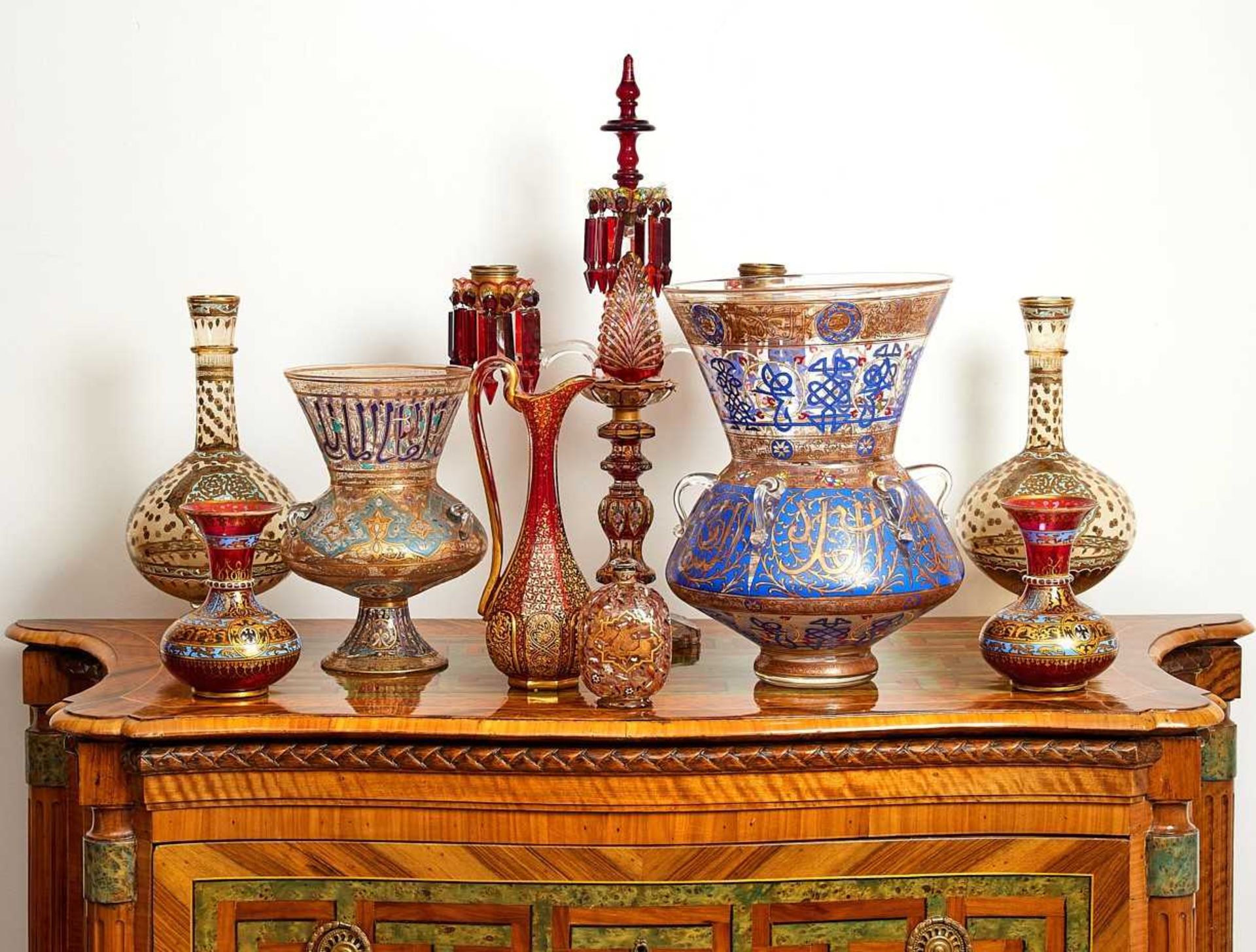 A LARGE MAMLUK REVIVAL ENAMELLED GLASS MOSQUE LAMP IN THE MANNER OF BROCARD - Image 2 of 9