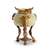 AN EARLY 20TH CENTURY FRENCH GILT BRONZE AND ONYX PERFUME BURNER