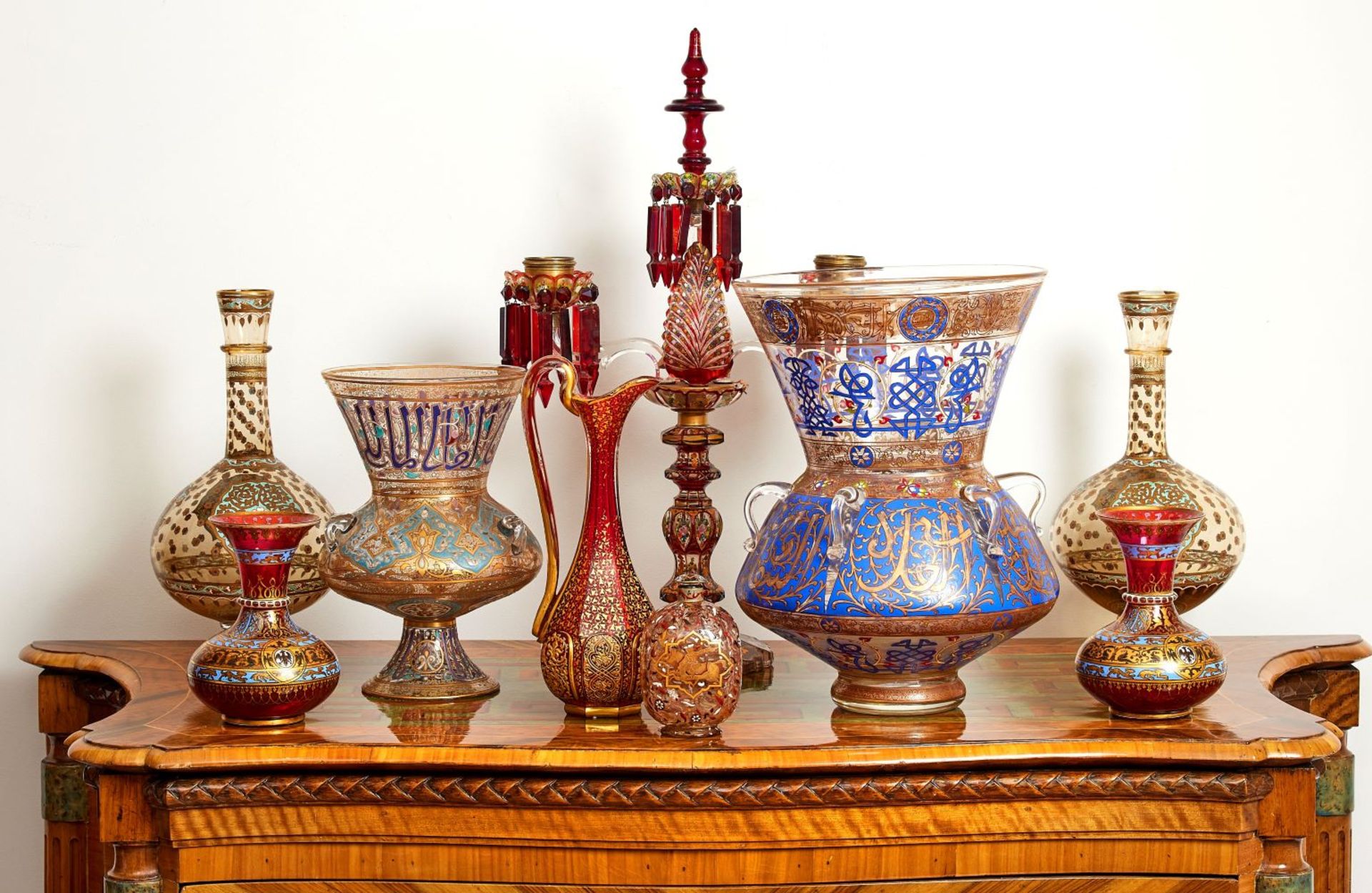 A LARGE MAMLUK REVIVAL ENAMELLED GLASS MOSQUE LAMP IN THE MANNER OF BROCARD