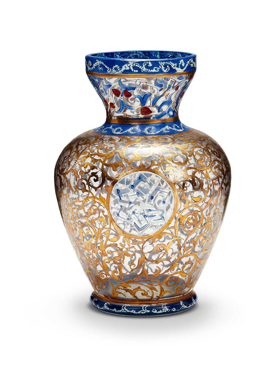 A PERSIAN STYLE PAINTED AND GILT DECORATED GLASS VASE