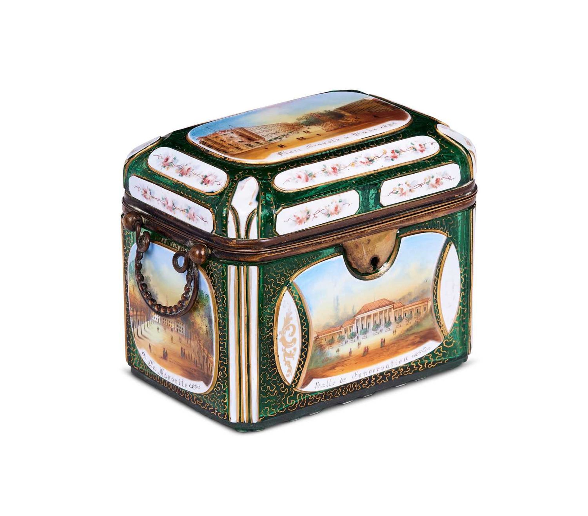 A FINE 19TH CENTURY BOHEMIAN OVERLAY GLASS CASKET PAINTED WITH SCENES OF BADEN-BADEN