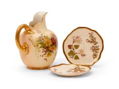 A ROYAL WORCESTER CREAMWARE JUG TOGETHER WITH TWO SIDE PLATES