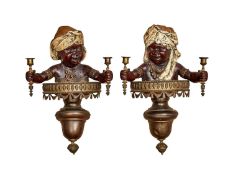 A PAIR OF LATE 19TH CENTURY COLD PAINTED BRONZE WALL LIGHTS MODELLED AS BOYS