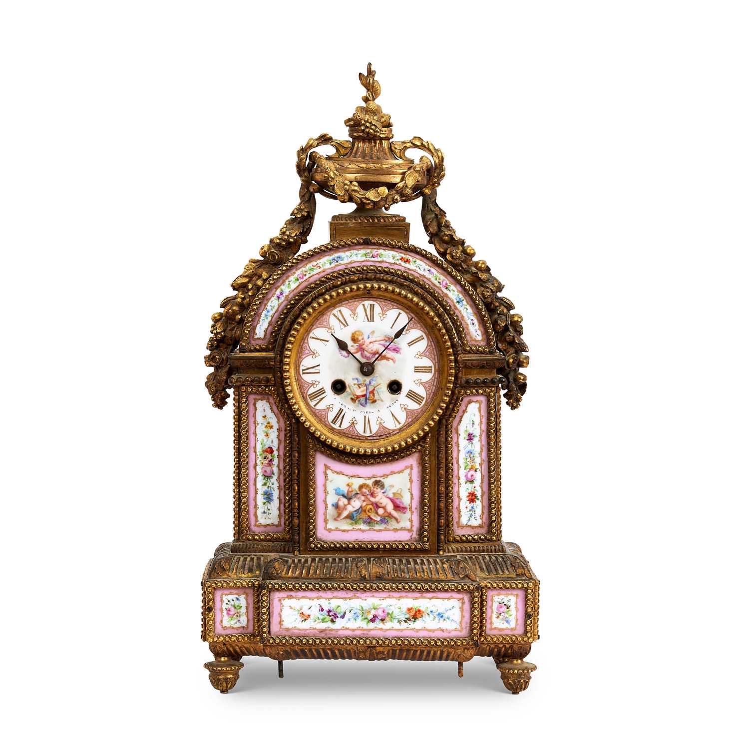 A NAPOLEON III PERIOD GILT BRONZE AND PORCELAIN MOUNTED MANTEL CLOCK CIRCA 1860