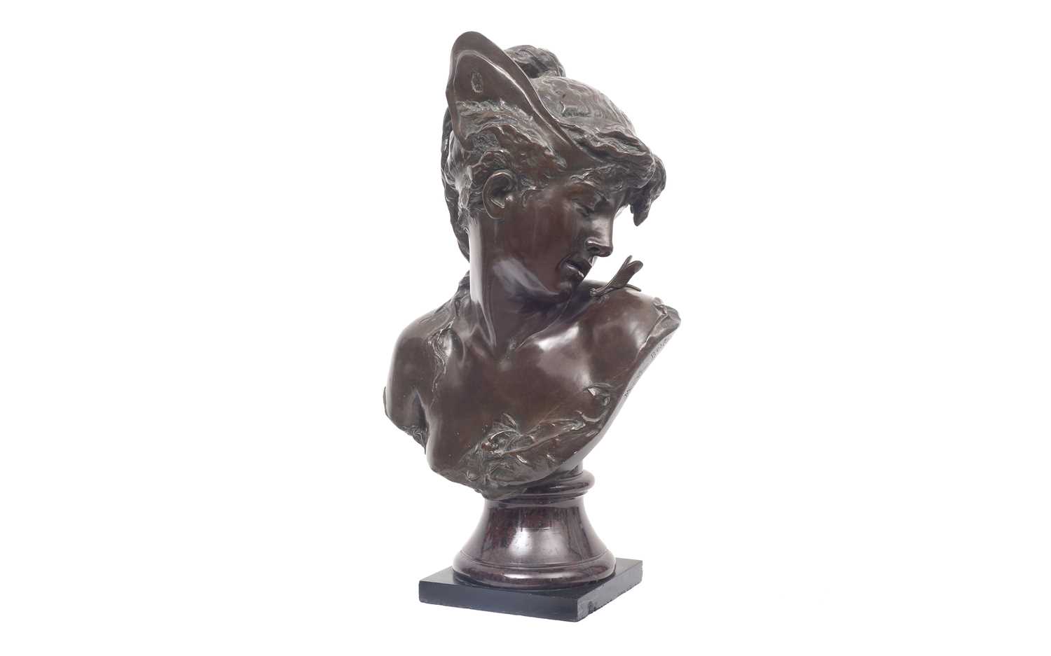 HELENE BERTAUX (FRENCH, 1825-1909): A BRONZE BUST OF A GIRL WITH DRAGON FLY - Image 2 of 6