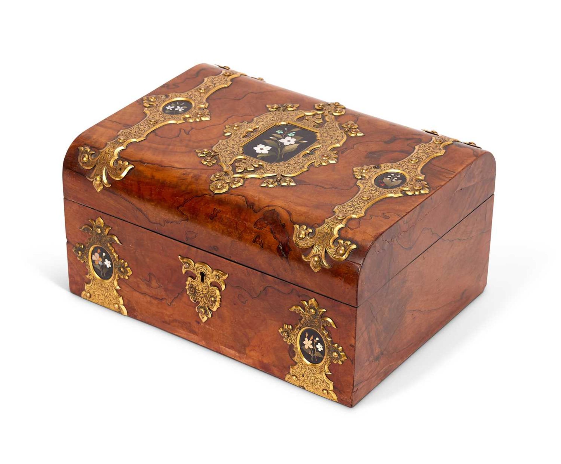 A 19TH CENTURY BURR WALNUT AND PIETRA DURA MOUNTED BOX BY BETJEMANNS & SONS
