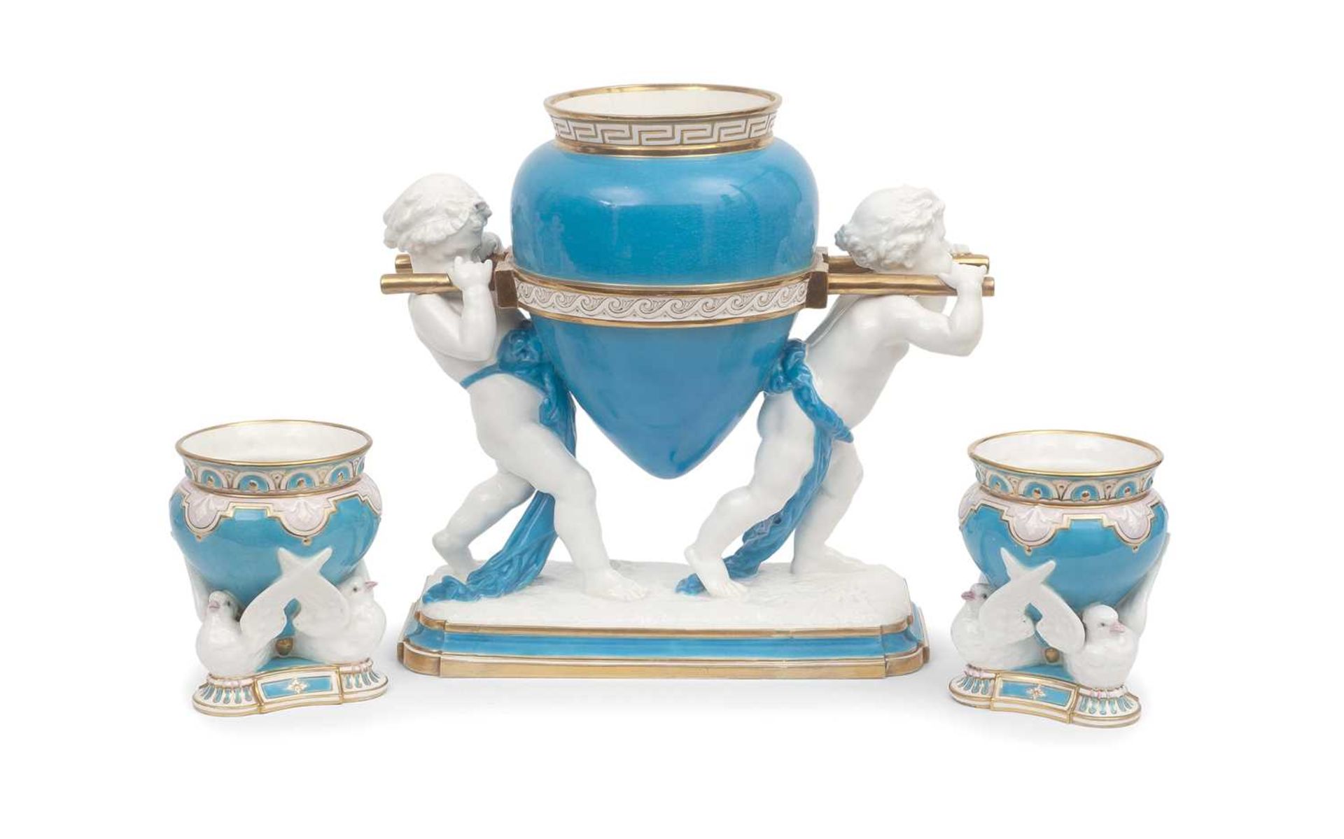 A 19TH CENTURY MINTON PORCELAIN PUTTI AND AMPHORA VASE TOGETHER WITH A PAIR OF VASES