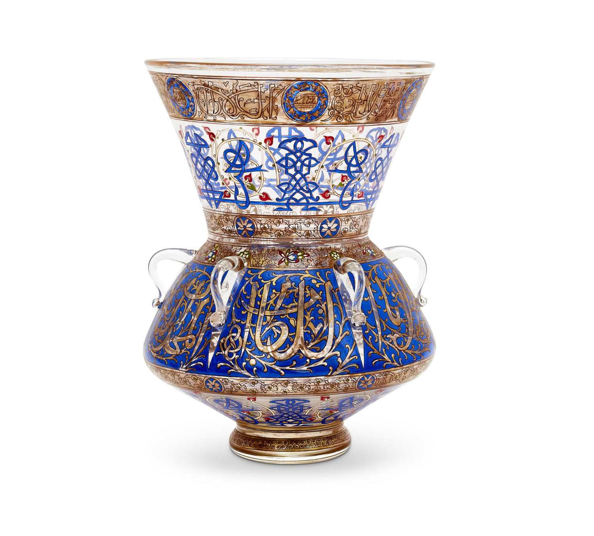 A LARGE MAMLUK REVIVAL ENAMELLED GLASS MOSQUE LAMP IN THE MANNER OF BROCARD - Image 3 of 9