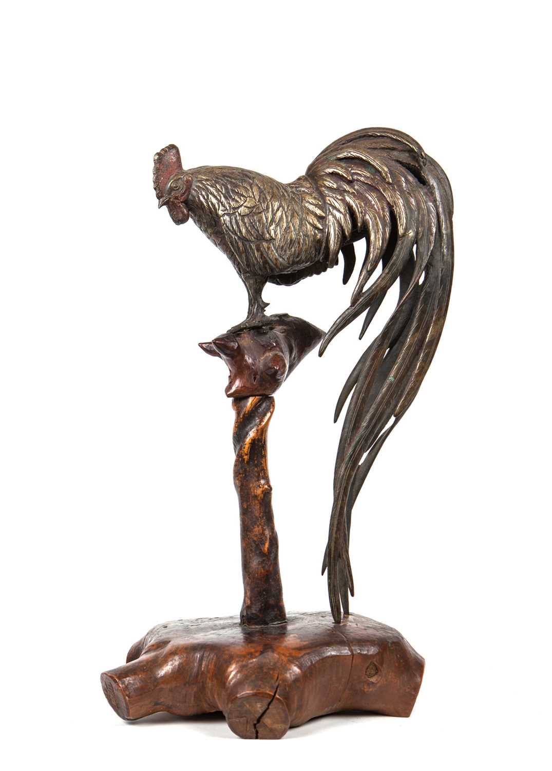 A MEIJI PERIOD JAPANESE BRONZE COCKEREL ON STAND