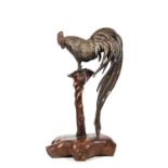 A MEIJI PERIOD JAPANESE BRONZE COCKEREL ON STAND