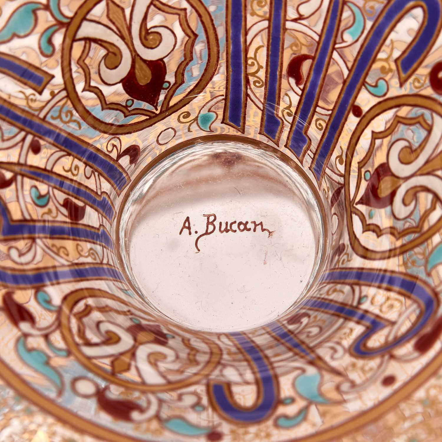 A. BUCAN: A FINE AND RARE 19TH CENTURY FRENCH PERSIAN STYLE ENAMELLED AND GILT GLASS VASE - Image 7 of 7