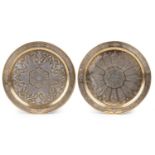 TWO 19TH CENTURY CAIROWARE MAMLUK-STYLE SILVER AND COPPER INLAID BRASS TRAYS