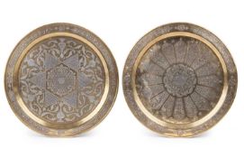 TWO 19TH CENTURY CAIROWARE MAMLUK-STYLE SILVER AND COPPER INLAID BRASS TRAYS