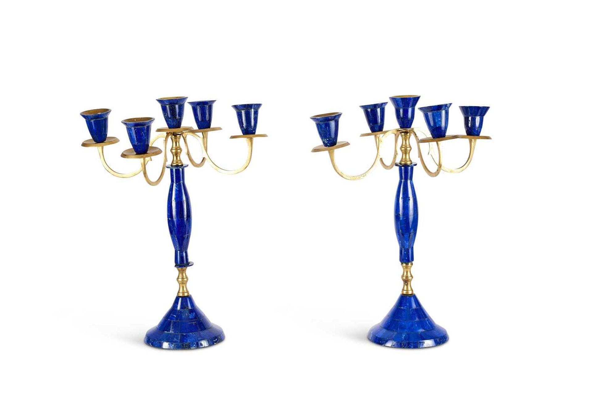 A PAIR OF LAPIS LAZULI AND BRASS FIVE LIGHT CANDELABRA