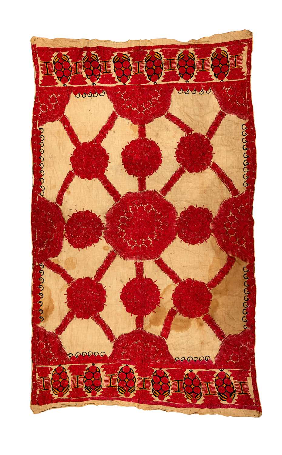 AN EARLY 19TH CENTURY INDIAN EMBROIDERED BED COVERLET