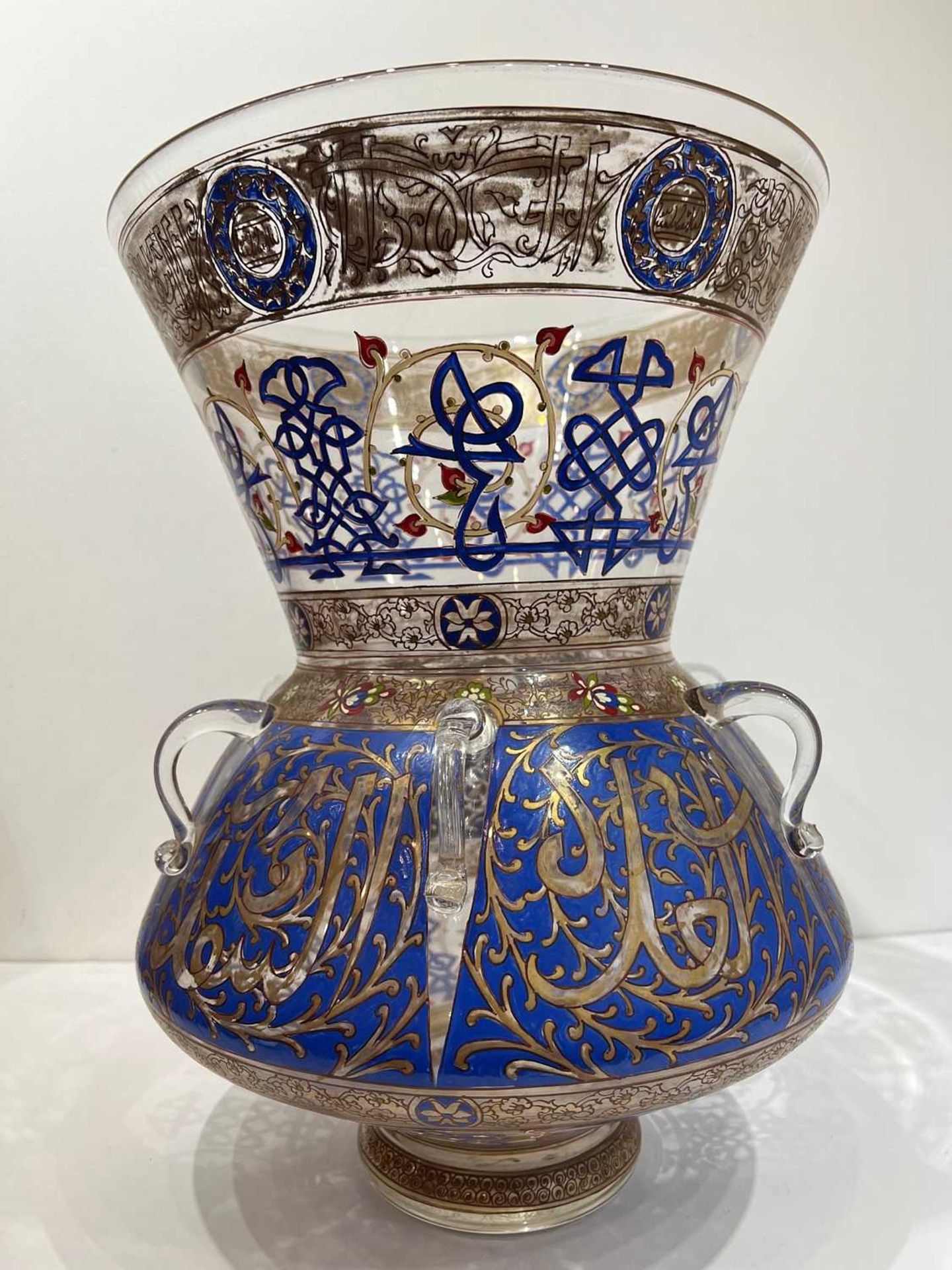 A LARGE MAMLUK REVIVAL ENAMELLED GLASS MOSQUE LAMP IN THE MANNER OF BROCARD - Image 9 of 9