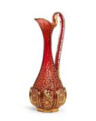 A 19TH CENTURY BOHEMIAN RUBY GLASS AND PARCEL GILT EWER FOR THE PERSIAN MARKET