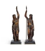 EMILE LOUIS PICAULT (FRENCH (1833-1915): A PAIR OF BRONZE FIGURES OF THE PRIEST AND PRIESTESS