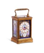 DROCOURT: A LATE 19TH CENTURY PORCELAIN MOUNTED CARRIAGE CLOCK WITH ALARM AND REPEAT